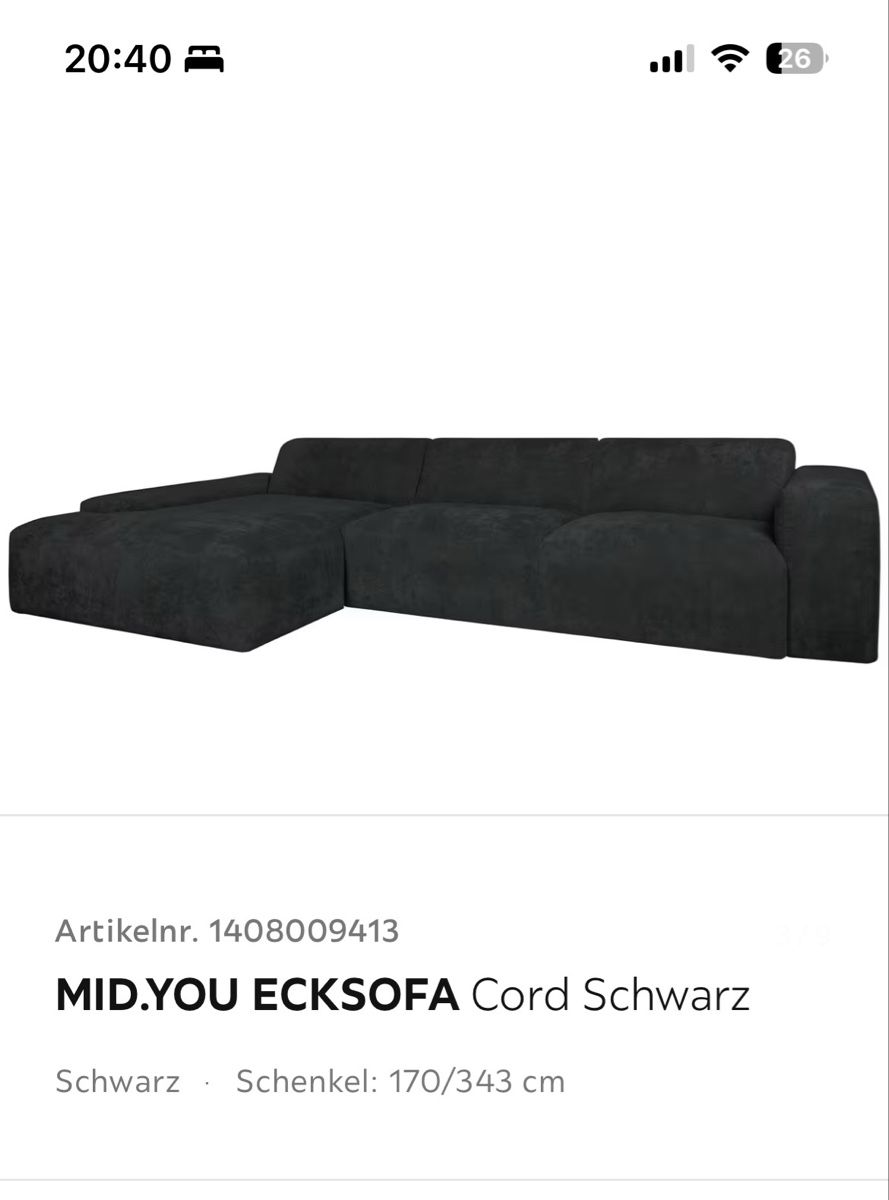 Sofas: Ecksofa Cord Schwarz – Neu und originalverpackt aus Oberentfelden von nin_j6nl