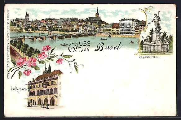 Cartoline postali: Litho Basel, Rathaus mit Passanten, St.  – Usato da Berlin venduto da bartko-reher