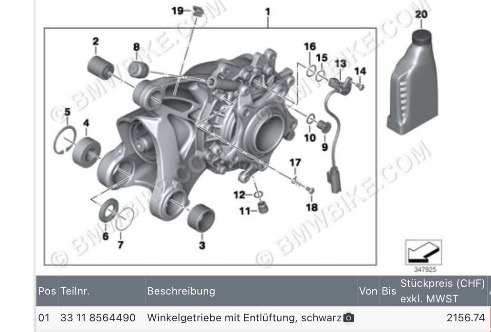 BMW Tutti i ricambio per moto: BMW Winkelgetriebe (aus R NineT) – Usato da Bäch SZ venduto da armins18 3