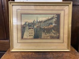 Gravure ancienne de Berne, signée, cadre doré, parfait!