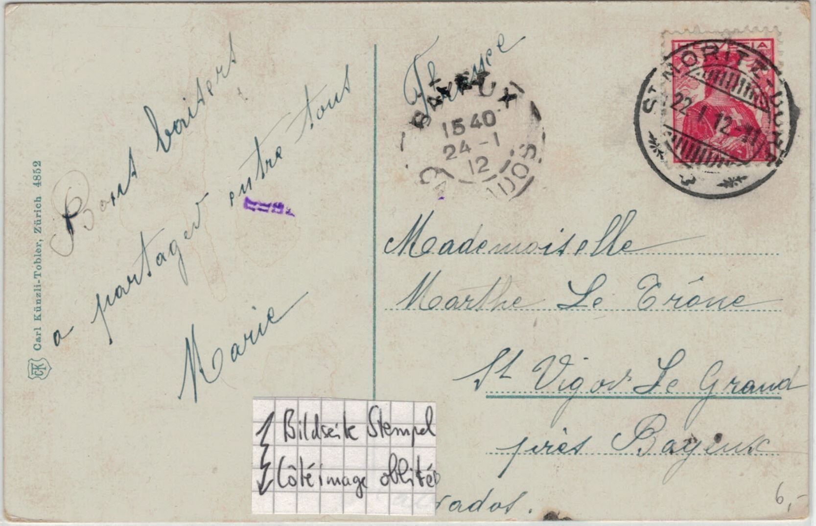 Ansichtskarten: GR 121 St. Moritz-Dorf Künzli-Tobler 1912 – Gebraucht aus Fribourg von philafri 1