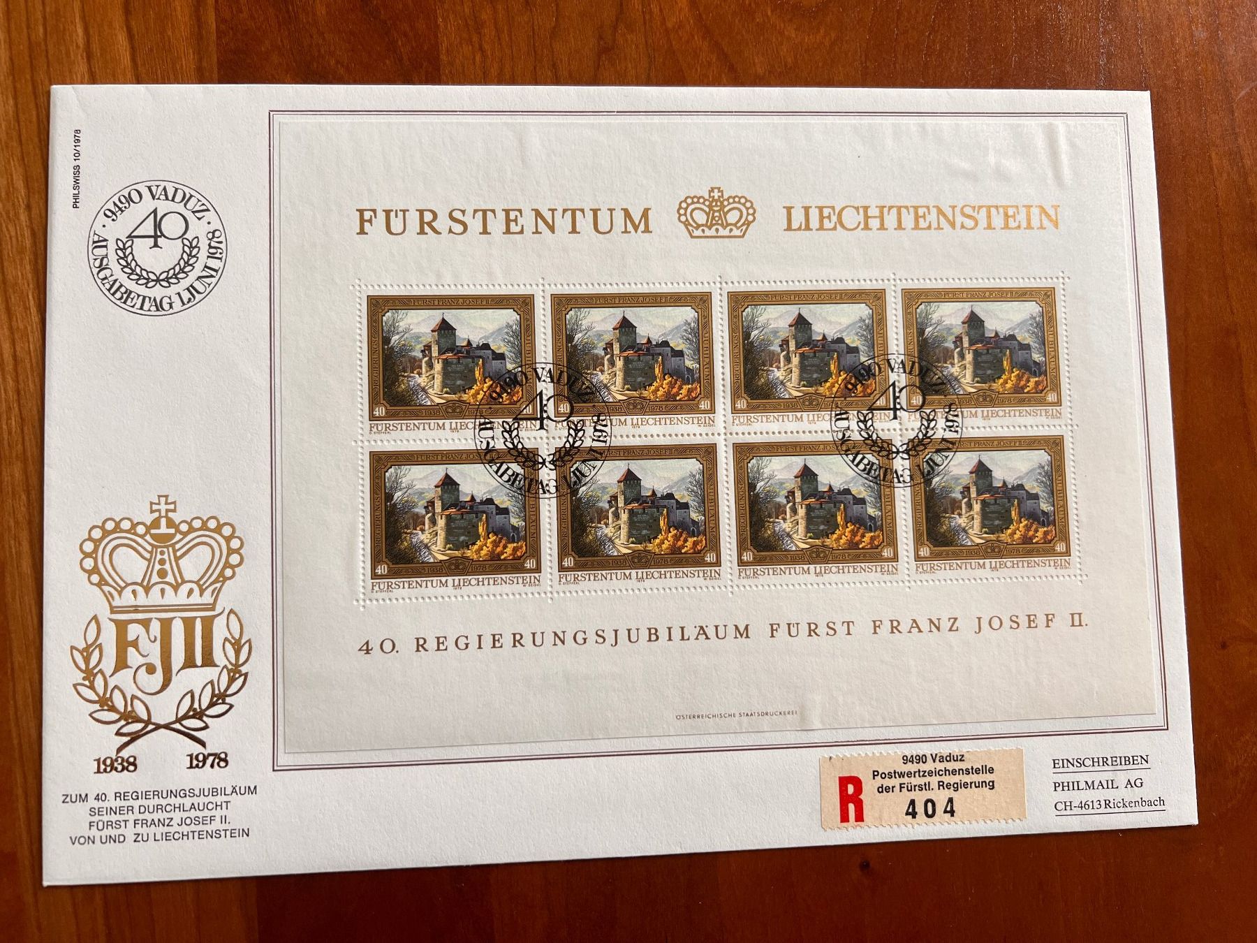 Tutti i francobolli: FDC Grossbrief Kleinbogen 1978 Liechtenstein (F18) – Usato da Hinwil venduto da Sidi4