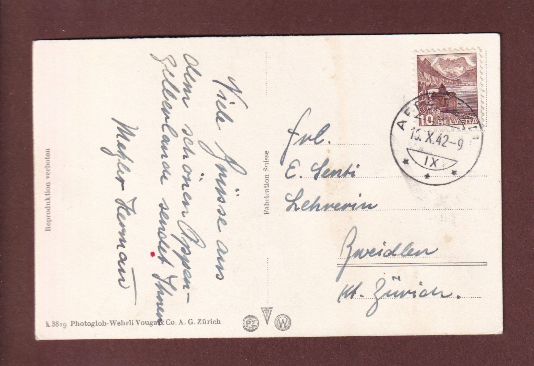 Cartoline postali: MEGLISALP mit Altmann und Säntis - 1942 – Usato da Pully venduto da nicecards 1