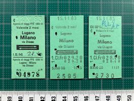 Lugano - Milano, 3 verschiedene Bahn Billette, 1983