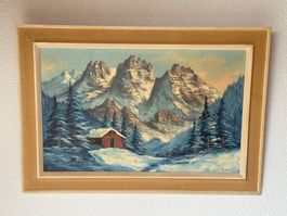 Grande peinture à l’huile signée F. Sorel - Alpes enneigées