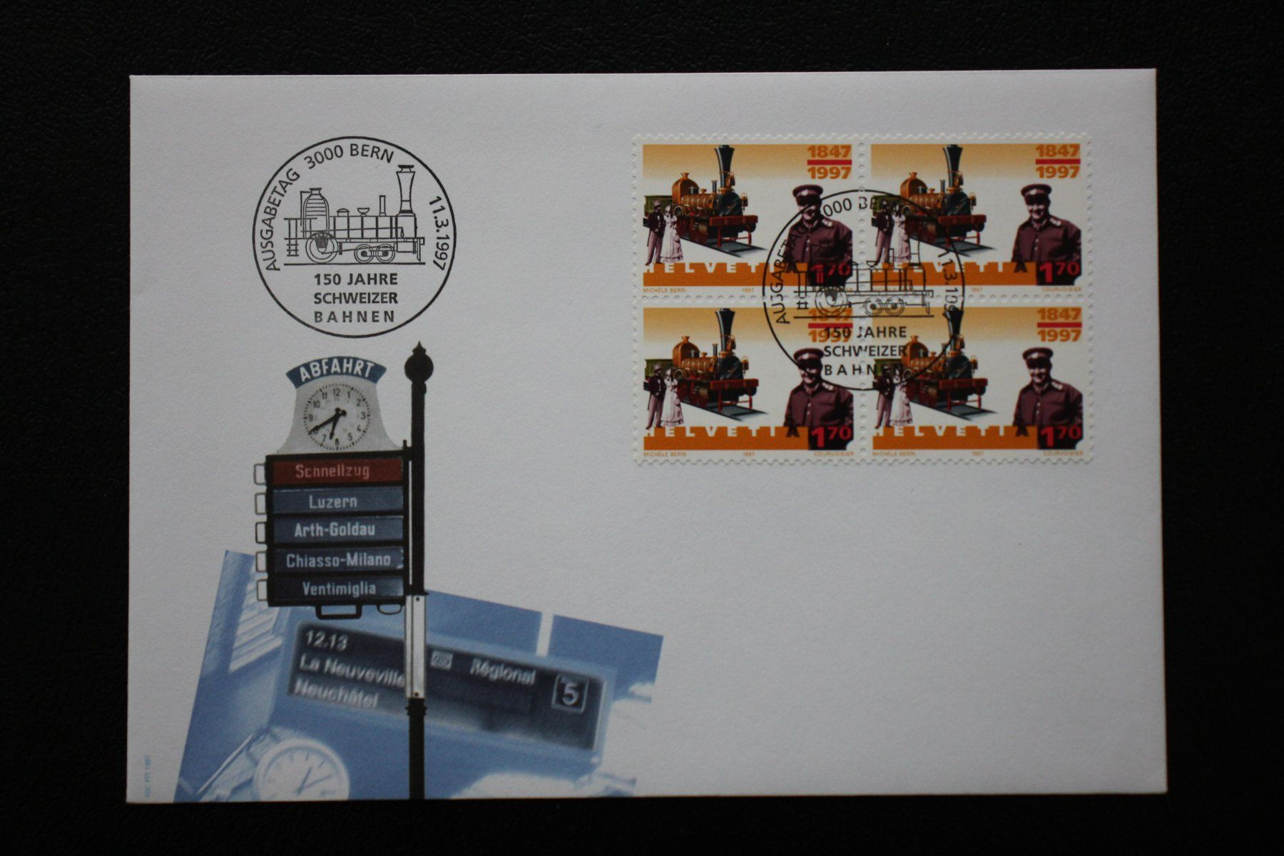 Tutti i francobolli: FDC 150 Jahre Schweizer Bahnen 1997 Bern - Viererblock – Usato da Wiedlisbach venduto da han_n6ff
