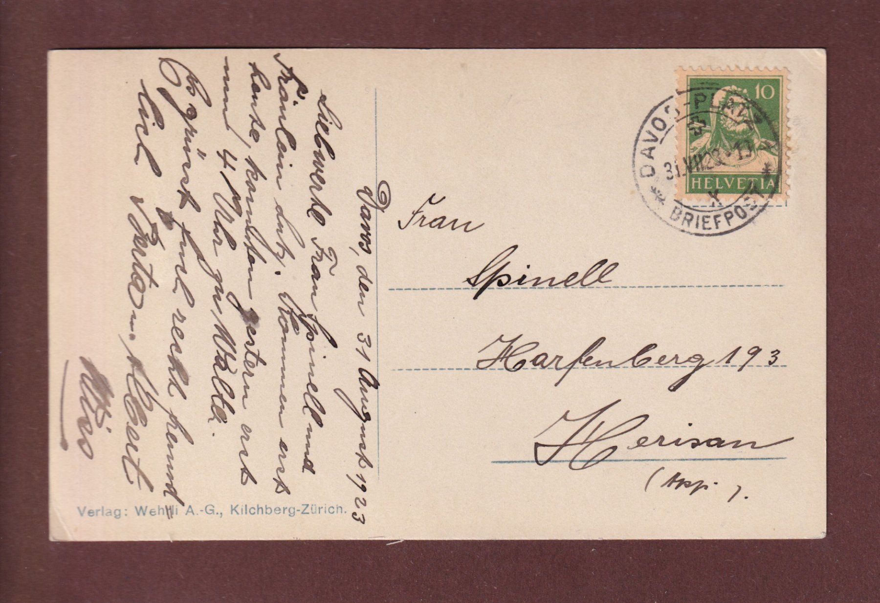 Cartoline postali: DAVOS-DORF gegen Pischahorn - 1923 // kleiner Eckbug // – Usato da Pully venduto da nicecards 1