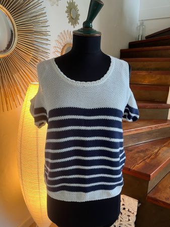 Pull d'été rayé bleu et blanc - épaules dénudées, S