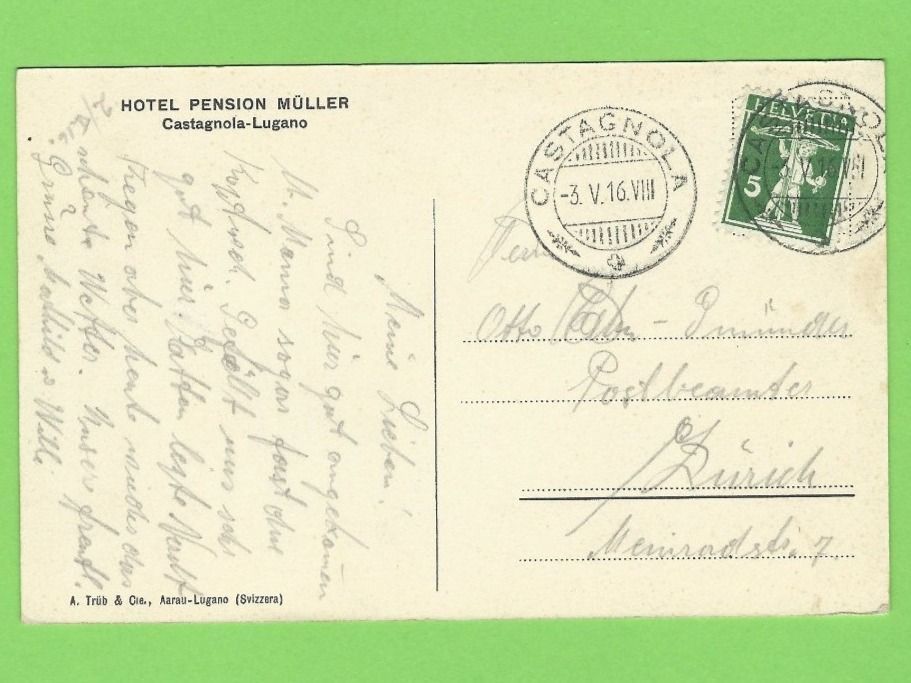 Cartoline postali: Hotel Pension Müller, Castagnola-Lugano – Usato da Zürich venduto da t24_de 1