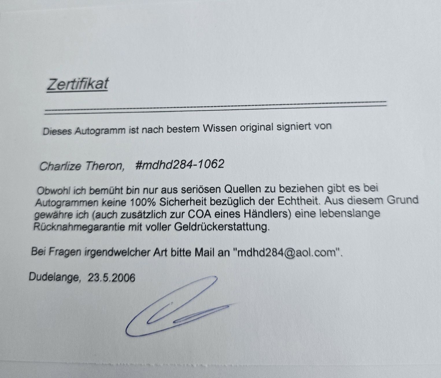 Autografi: Autogramm Charlize Theron mit Zertifikat – Usato da Buchrain venduto da Bachmann79 1