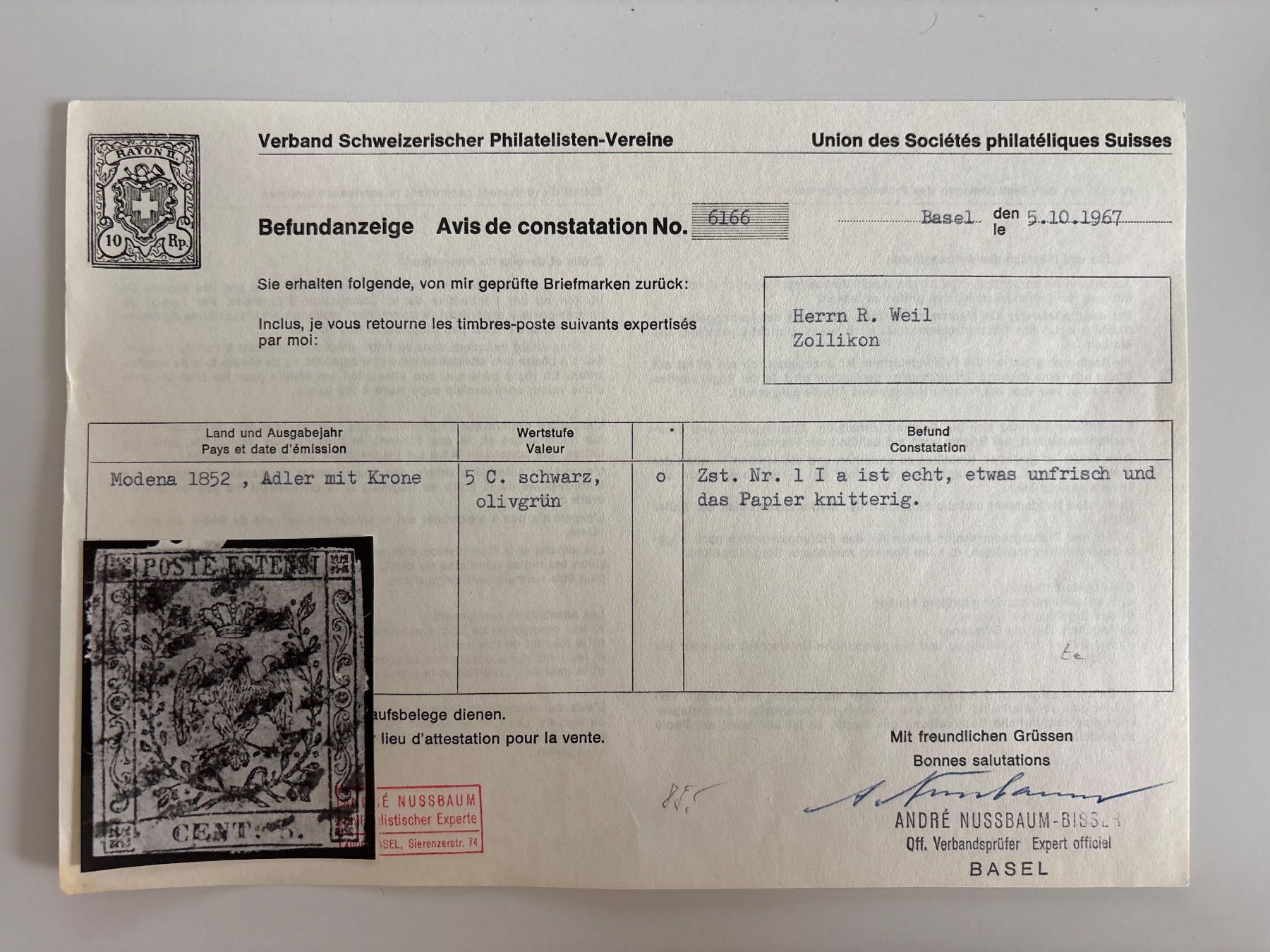 Tutti i francobolli: Lot Marken Modena 1852 – Usato da Adliswil venduto da derrick0825 5
