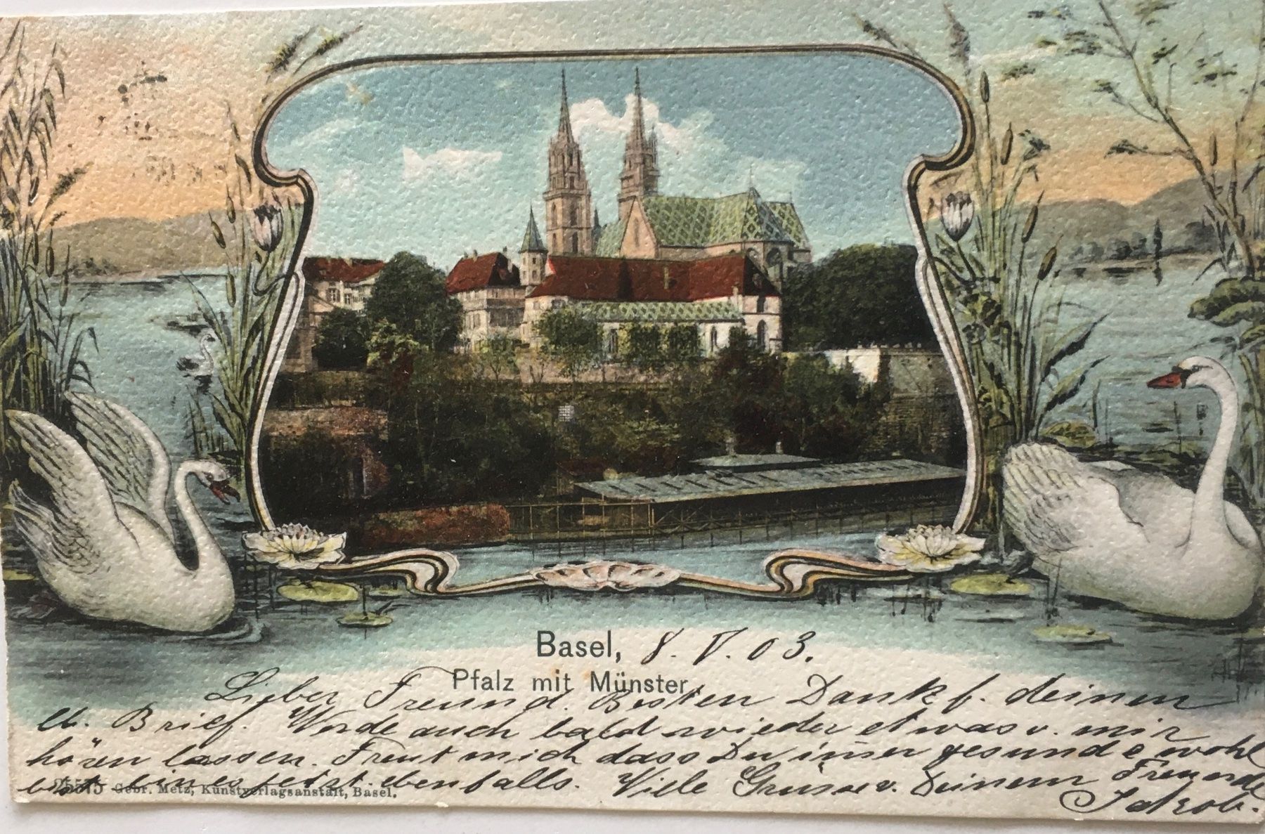 Cartoline postali: Basel, Schwäne, Jugendstil, Metz, 1903 – Usato da Frauenfeld venduto da Merk52