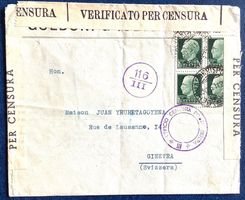 1941 - Italien Zensurbrief nach Genf mit Viererblock