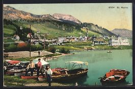 St. Moritz, Ortsansicht, Boote am Ufer