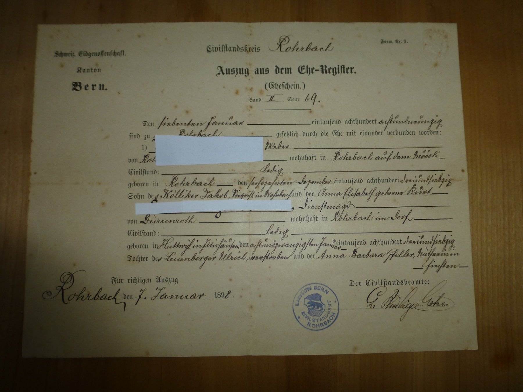 Documenti: Rohrbach, Auszug aus dem Ehe- Register 1898 – Difettoso da Bettlach venduto da 1saurer