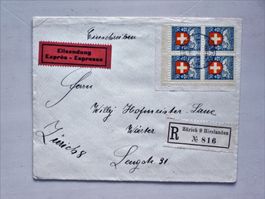 R-/Express Brief, 4er Block 30Rp. PJ 1926, ZÜRICH 21.XII.26
