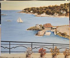 Peinture marine vue côtière avec voilier et bateaux