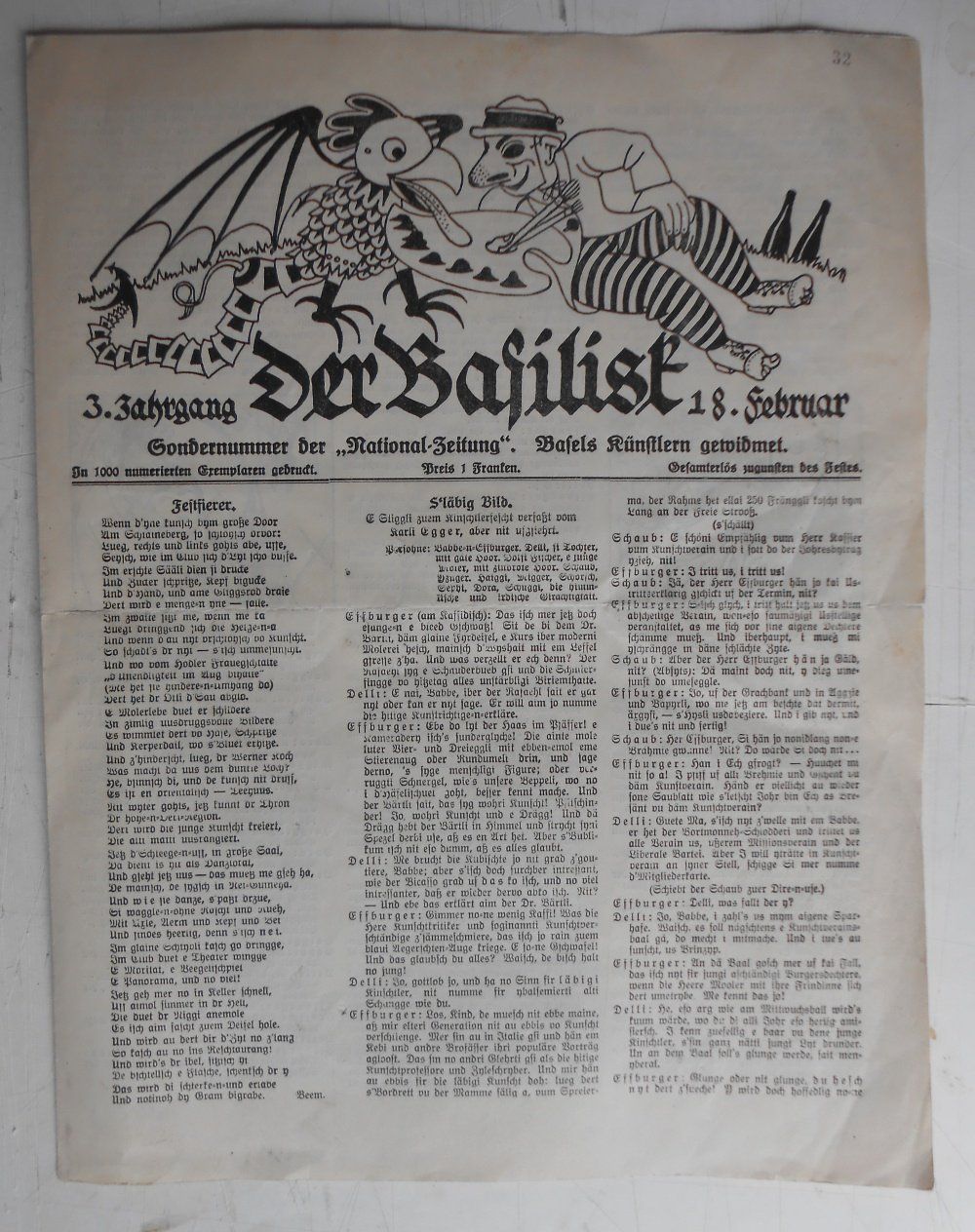 Libri: Der Basilisk. Basels Künstlern gewidmet. 1922. – Usato da Basel venduto da Domba
