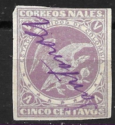 Tutti i francobolli: Kolumbien 1876: 5 Centavos lila – Usato da Zürich venduto da Rainstamps