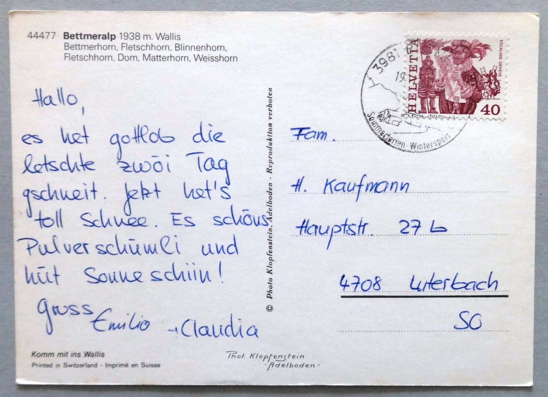 Ansichtskarten: Bettmeralp 1938 m, Wallis – Gebraucht aus Fétigny von Billy2miny 1
