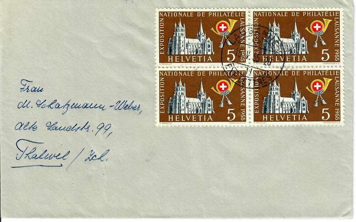 Tous les timbres: Brief mit 4er Block Lausanne 1955 – D'occasion à Hochdorf par Ziegel-16