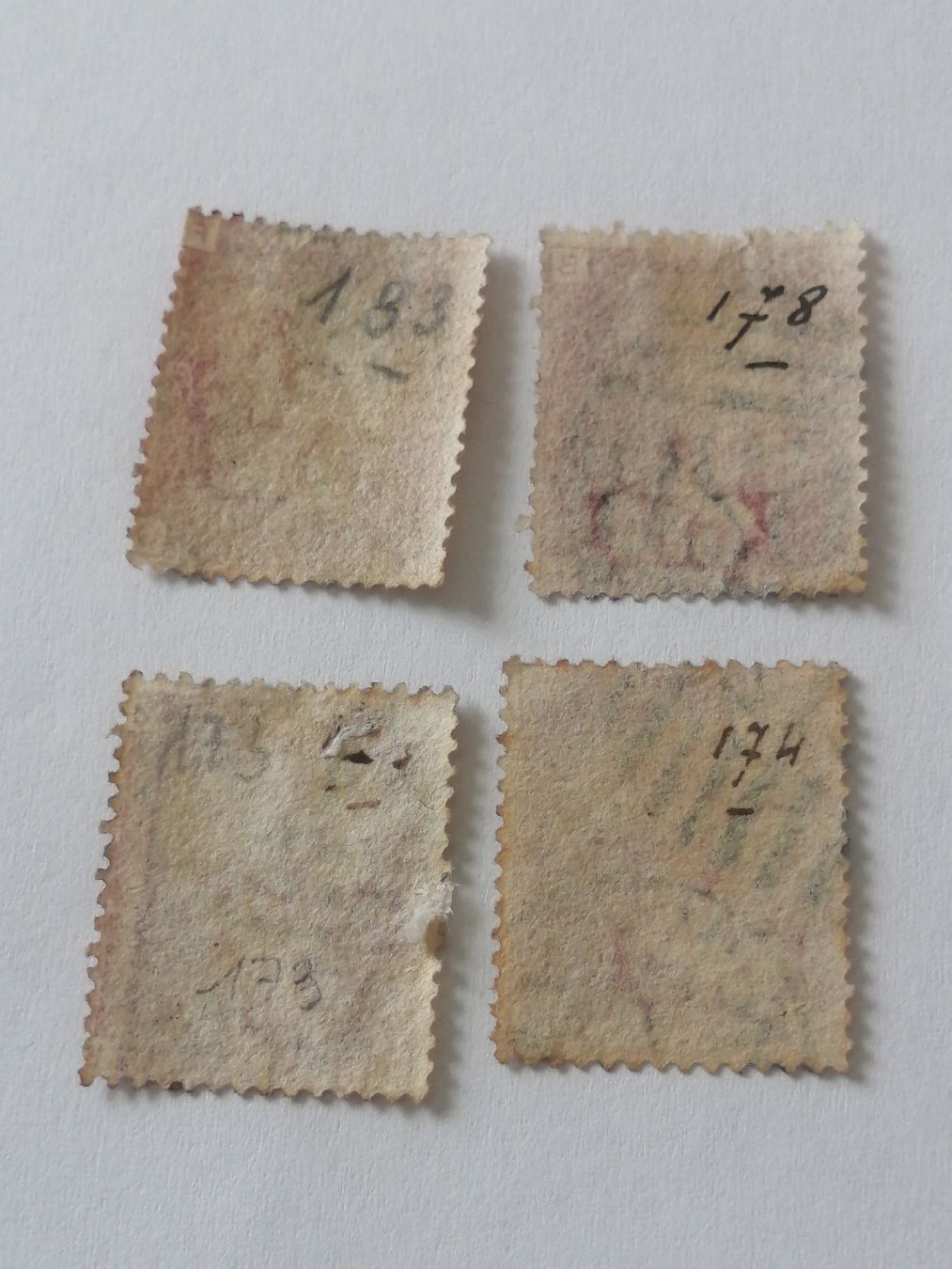 Alle Briefmarken: 4mal One Penny Reds 1864 bis 1881  – Gebraucht aus Happerswil von tschergi 1