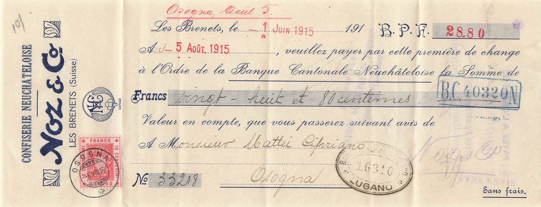 Cartoline postali: Confiserie Neuchâteloise Kambiale cheques – Usato da Biasca venduto da Blenio71