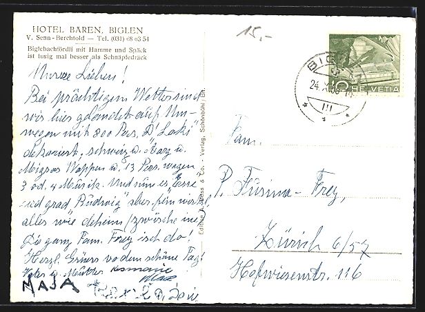 Cartoline postali: AK Biglen, Hotel Bären, 1955 – Usato da Berlin venduto da bartko-reher 1
