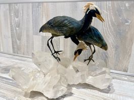 Kranichpaar Labradorit Obsidian Opal Bergkristallsockel