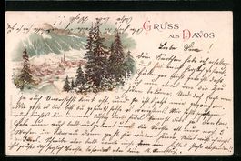 Litho Davos, Ortsansicht aus der Vogelsc