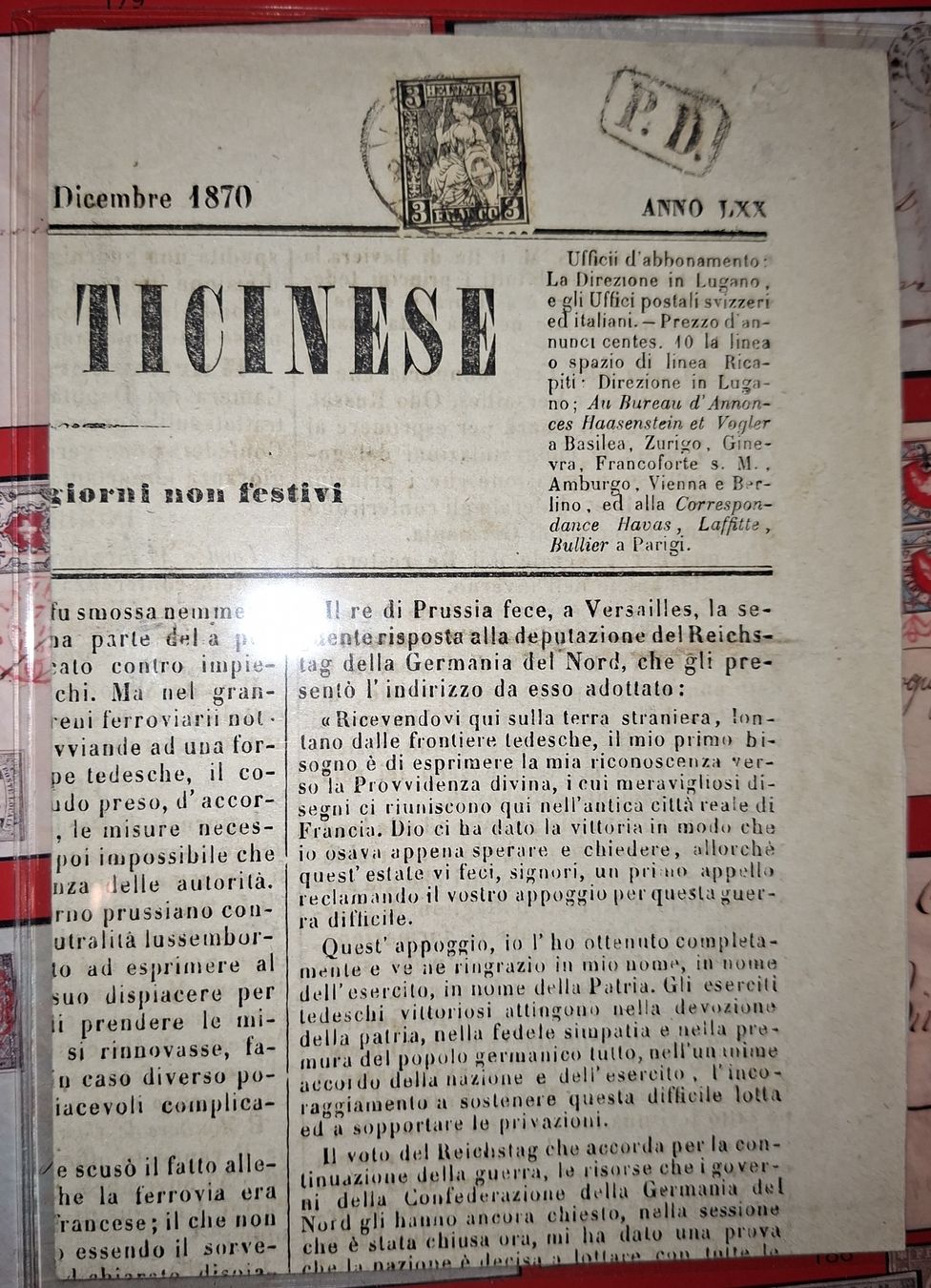 Tutti i francobolli: Ganzetta Ticinese 27.12.1870 – Usato da Balgach venduto da SIMEON27 1