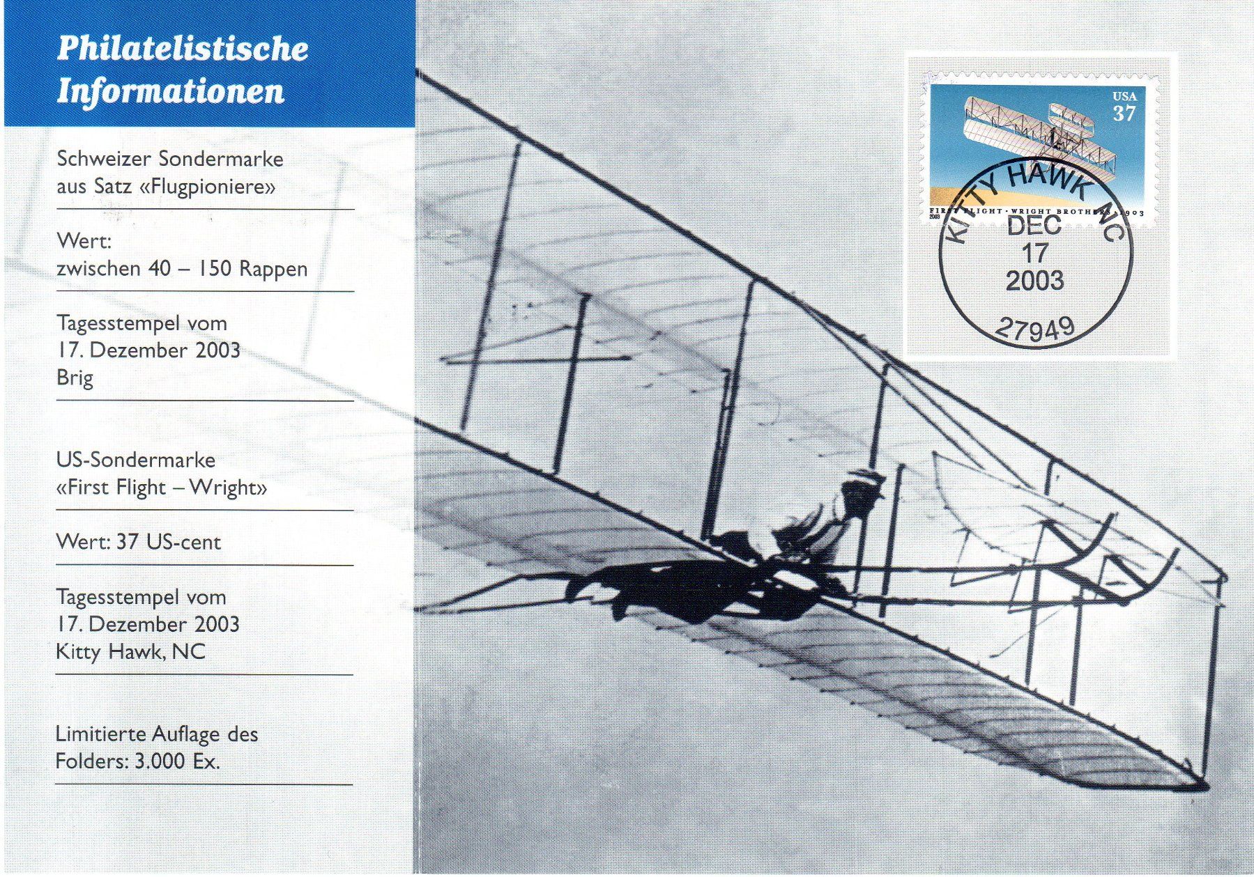Tutti i francobolli: GEDENKFOLDER 100 JAHRE LUFTFAHRT GEBRÜDER WRIGHT 2003 - FL8 – Nuovo (secondo la descrizione) da Losone venduto da EM2019 1