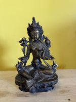 Buddha Statue Bronzeguss Sitzend mit Lotos alt Tibet 21cm