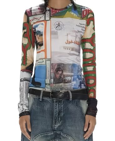Top da donna in rete velata aderente con stampa collage,M/L