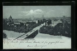 Mondschein-AK München, Ortsansicht aus 