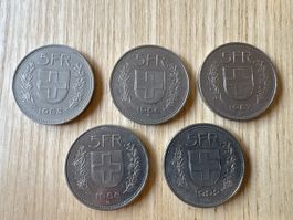 5 Schweizer Franken Münzen Set 1985 bis 1992 guter Zustand