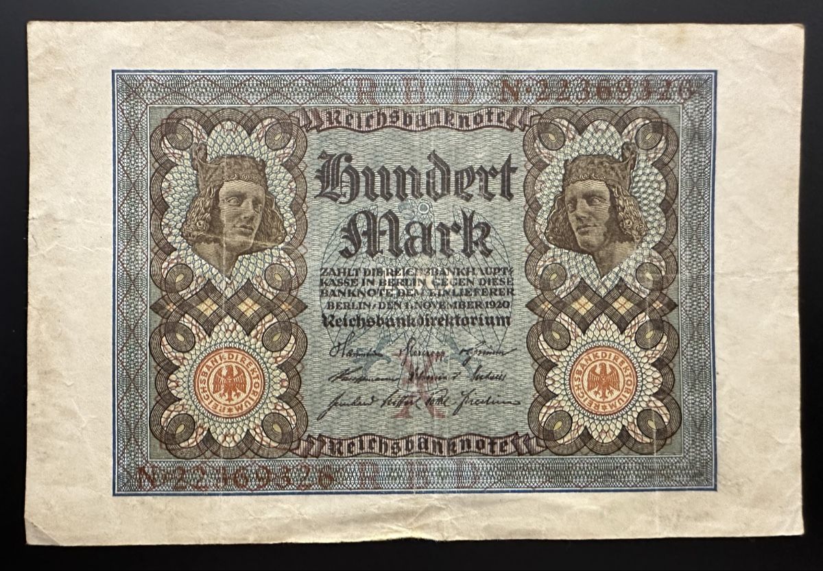 Banknoten: Reichsbanknote 1920 Hundert Mark – Gebraucht aus Watt von Coins13