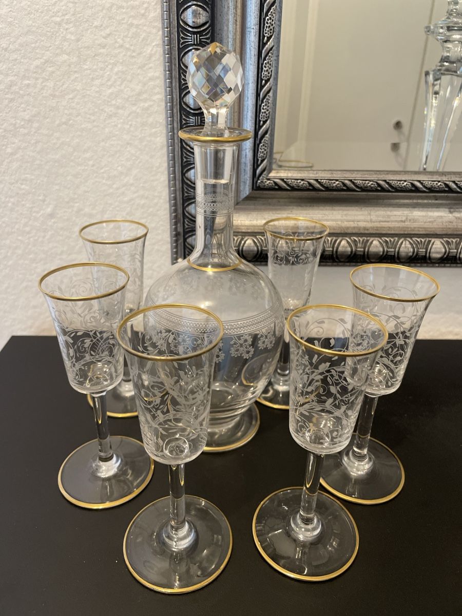 Karaffen: Kristall Karaffe mit 6 Schnaps Becher Handarbeit verziert. – Gebraucht aus Basel von Ga12345 2