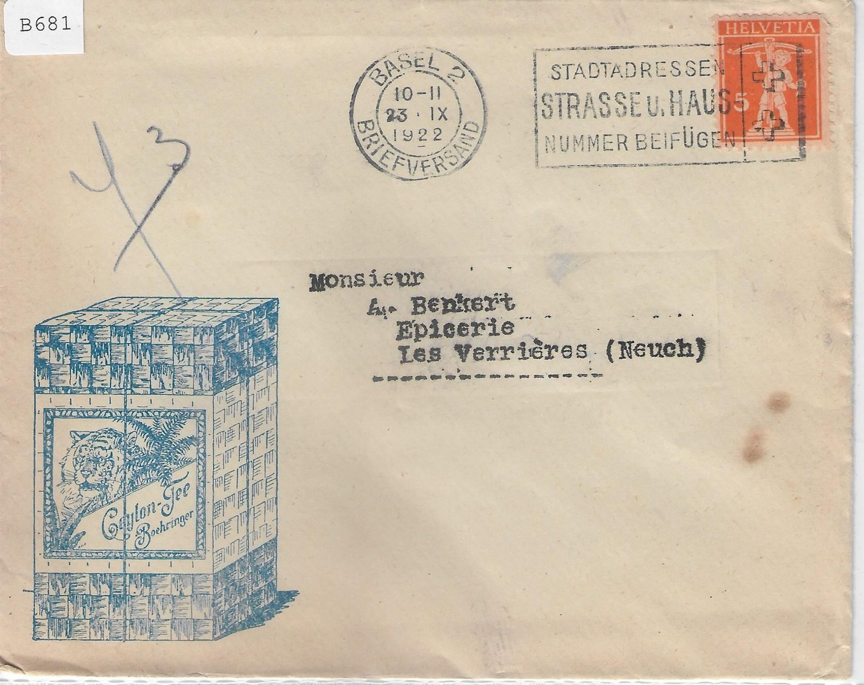 Tutti i francobolli: Ceylon-Tee Boehringer Basel 23.IX.1922 – Usato da Ettingen venduto da Kartenplanet