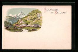 Litho Zermatt, Ortspartie mit Bergpanora