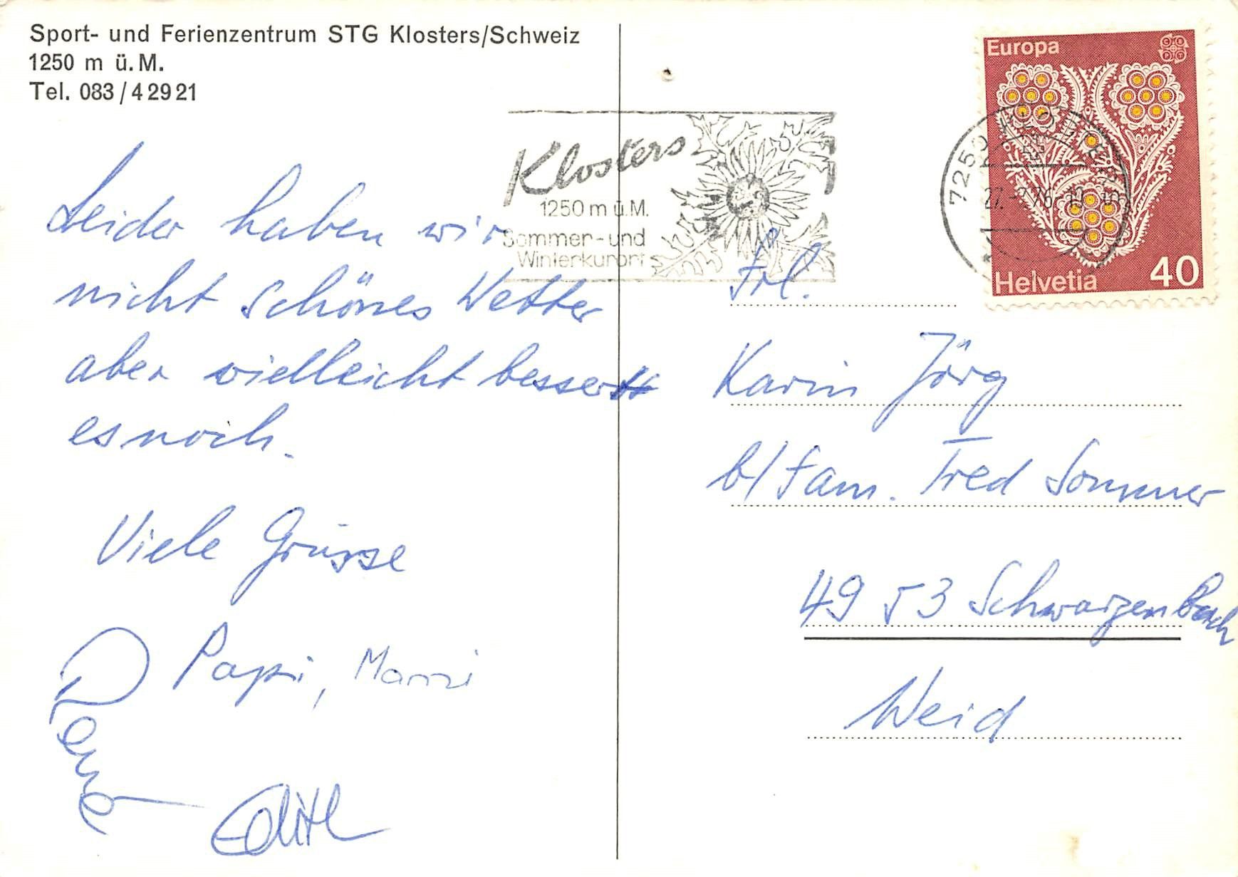 Cartoline postali: Klosters, Ferienzentrum Stg – Usato da Ottikon b.Kemptth. venduto da Neptun1974 1