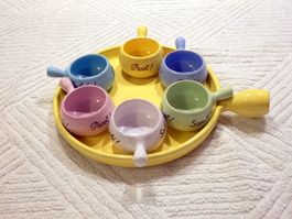 Fondue- Schnaps- Set, 6 Caquelon + 1 Serviertablett, Keramik