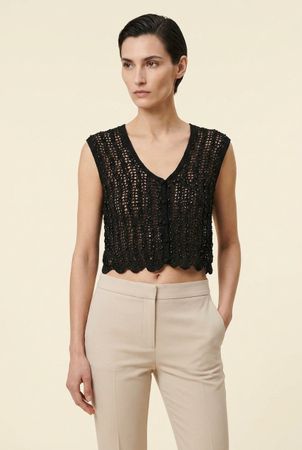 Vintage Gilet Crochet Noir Perlé T. S