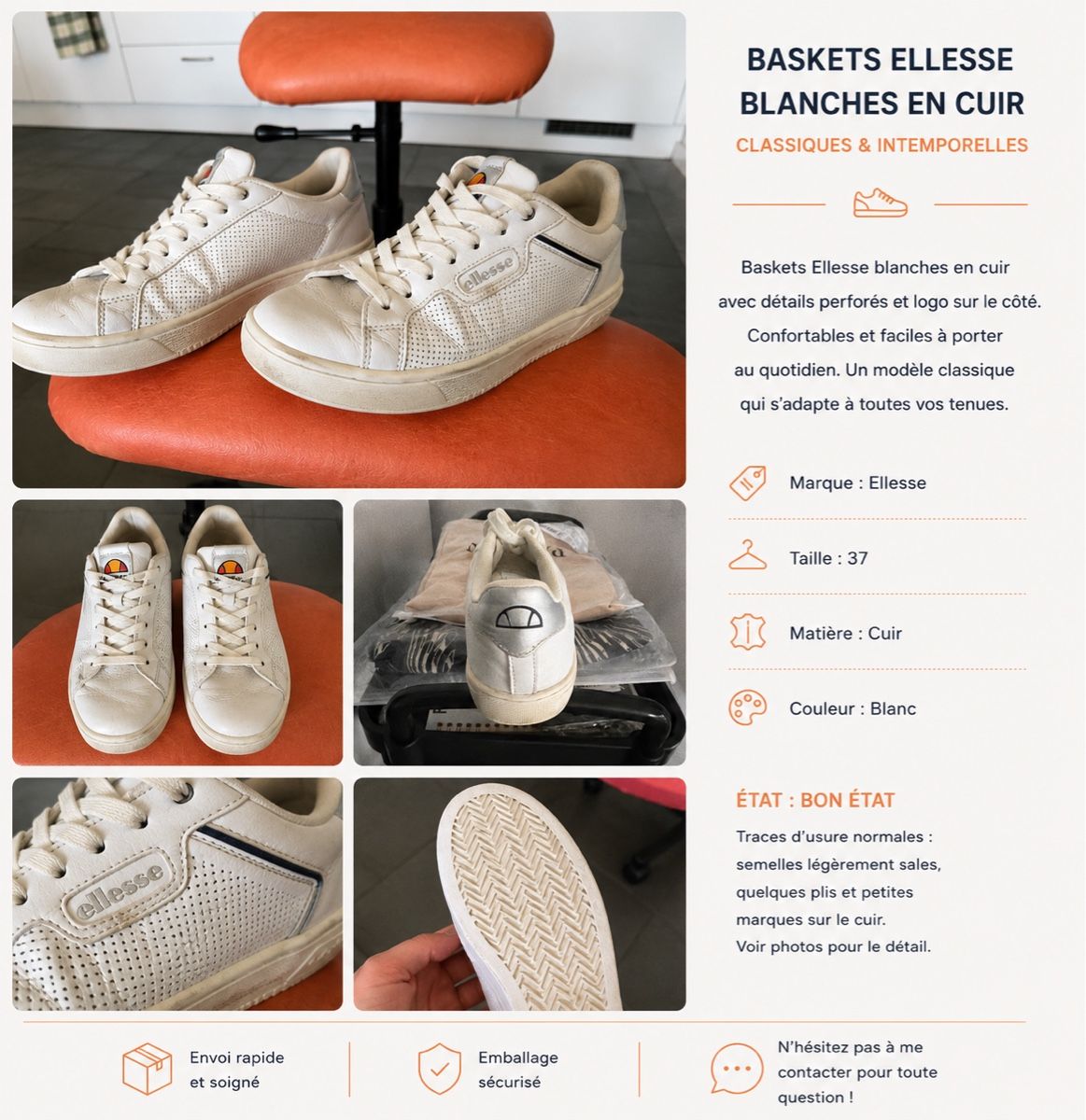 Ellesse Scarpe da donna: Baskets Ellesse blanches en cuir – Usato da Bramois venduto da Inarretable.co