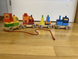 Holzzüge, Steckholzspiel, Nachziehzug Holzspielzeugset