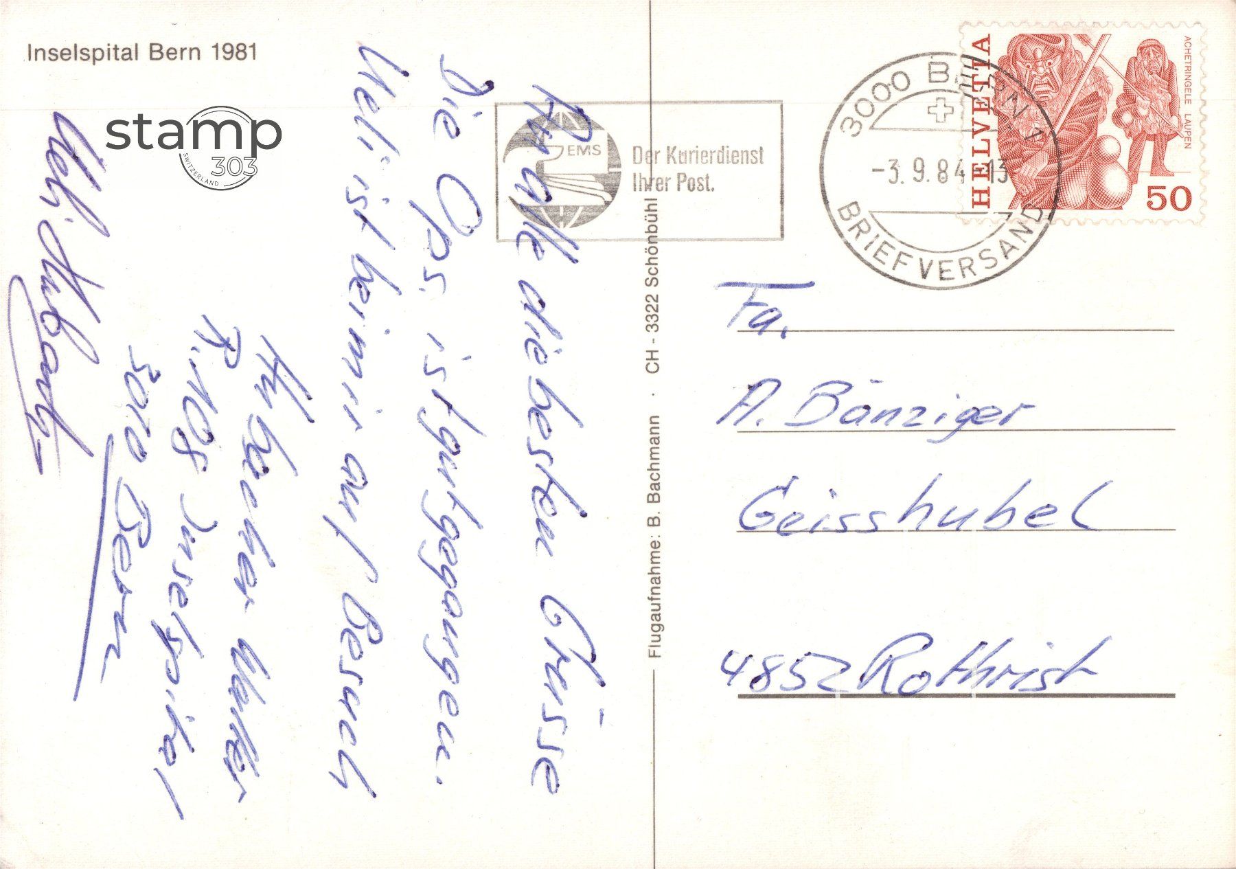 Cartoline postali: 1984 AK Bern _ Inselspital – Usato da Eggersriet venduto da stamp303 1