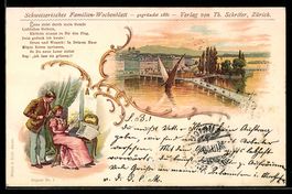 Lithographie Zürich, Ansicht am See mit Segelboot und Brücke