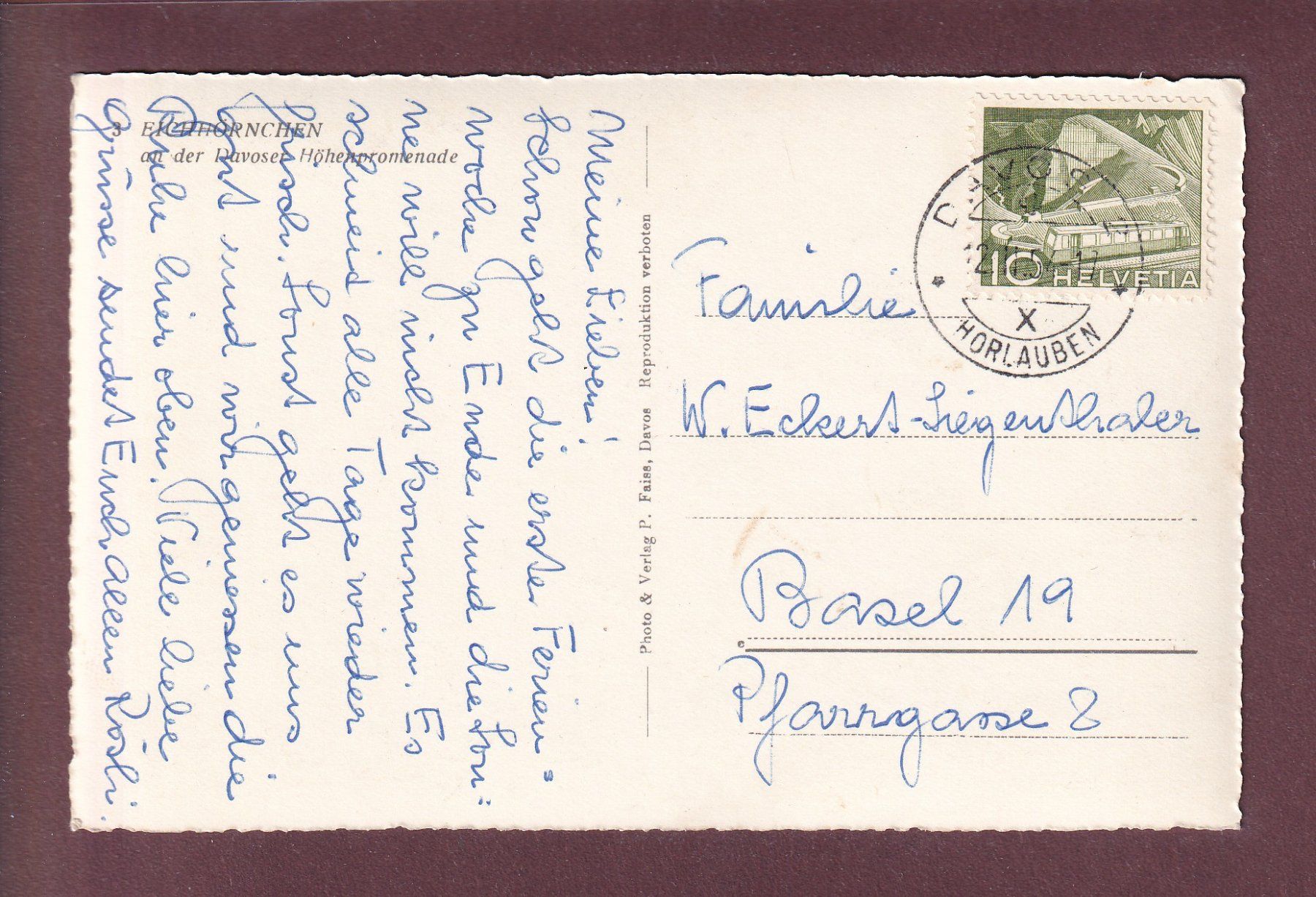 Cartoline postali: DAVOS - Höhenpromenade - Eichhörnchen - 1954 – Usato da Pully venduto da nicecards 1