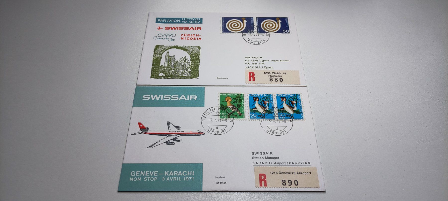 Tutti i francobolli: 2x Ersttagsbrief Swissair 1971 – Usato da Baar venduto da Maxlee75
