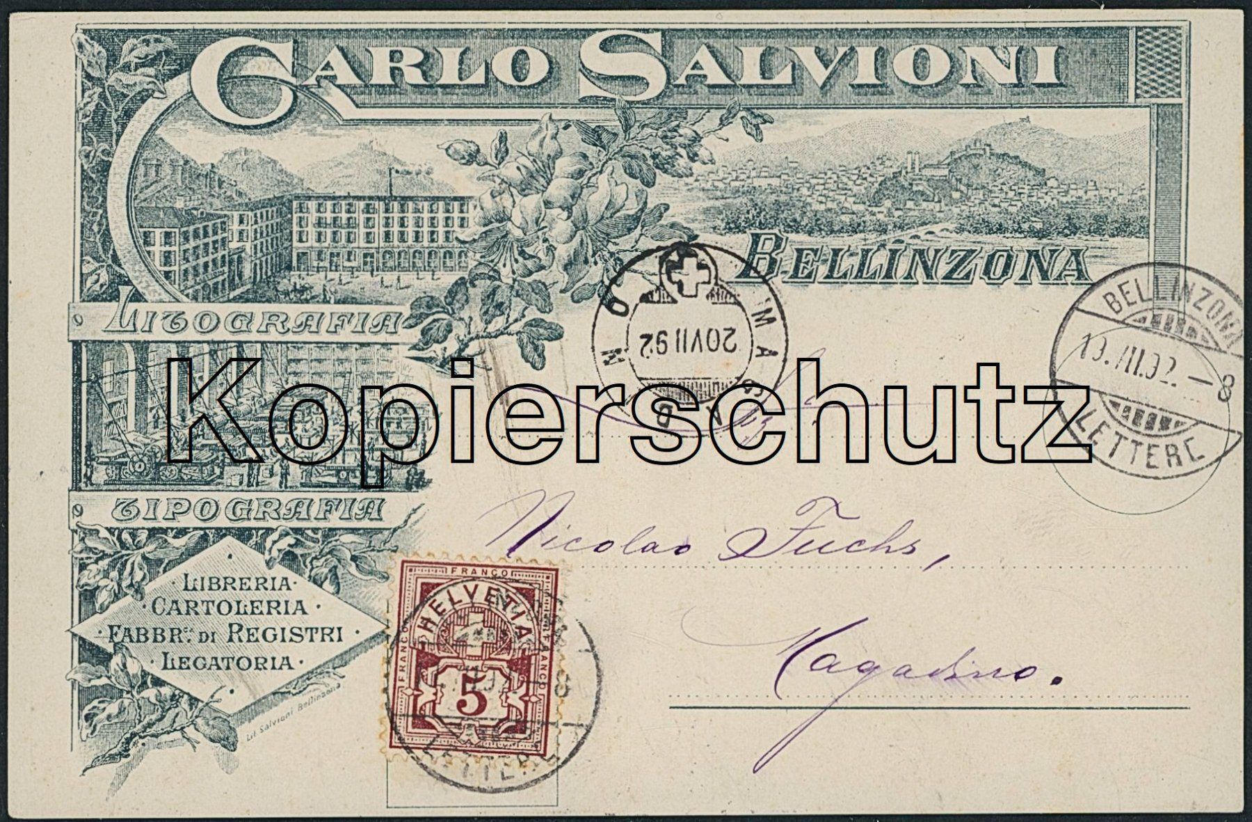 Cartoline postali: TIS Bellinzona - Litho - AK Vorläufer 1892 – Usato da Schindellegi venduto da leecollect